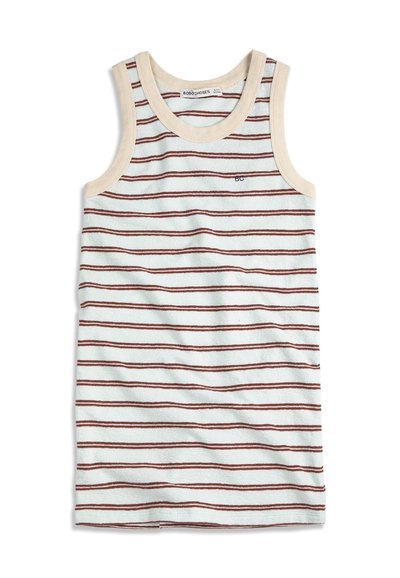 Débardeur blanc sans manches avec de fines rayures horizontales marron et bordure beige autour de l'encolure et des emmanchures. Petit logo "BC" sur la poitrine.