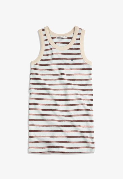 Débardeur blanc sans manches avec de fines rayures horizontales marron et bordure beige autour de l'encolure et des emmanchures. Petit logo "BC" sur la poitrine.