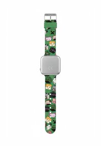 Orologio digitale con quadrante quadrato argentato, bracciale in silicone verde a motivo con design di personaggi pixelati tratti da un videogioco.
