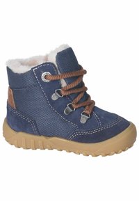 Bota azul marino que presenta una combinación de ante y tejido transpirable, cordones marrones, forro de felpa suave y suela de goma texturizada.