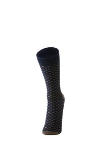 Calze da uomo blu navy con un motivo testurizzato di piccoli punti arancioni e grigi; tallone e punta rinforzati di colore beige, lunghezza a metà polpaccio.