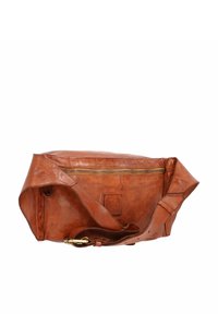 Bruine leren tas met een open ontwerp, voorzien van een met rits afgesloten compartiment en een verstelbare band. Soepele textuur en een lichte glans.