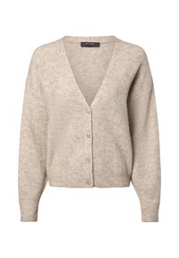 Beige, gestrickte Strickjacke mit V-Ausschnitt, langen Ärmeln und fünf Knöpfen auf der Vorderseite. Strukturierter Stoff mit einem weichen, gemütlichen Aussehen.