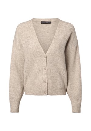 Beige, knitted cardigan with a V-neck, long sleeves, and five buttons down the front. Textured fabric with a soft, cozy appearance.