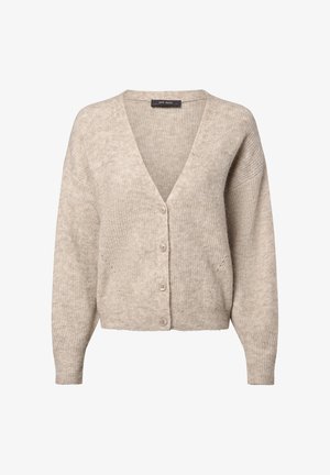 Beige, knitted cardigan with a V-neck, long sleeves, and five buttons down the front. Textured fabric with a soft, cozy appearance.