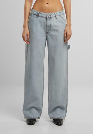Helle blaue weit geschnittene Jeans aus Denim, mit hoher Taille, Fronttaschen und kontrastierenden Nähten.