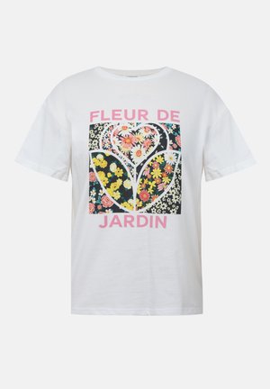 Άσπρο κοντομάνικο μπλουζάκι με ροζ κείμενο "Fleur de Jardin" και μαύρο τετράγωνο λουλουδένιο σχέδιο σε σχήμα τριών αλληλοκαλυπτόμενων καρδιών.