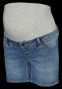 Shorts de maternidad en denim con una banda elástica gris claro, tela de denim azul desgastado, bolsillos delanteros y detalles de costura visibles.