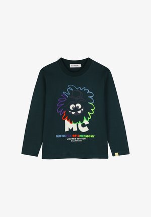 Donker shirt met lange mouwen met een kleurrijk monstergezicht en tekst "Monster of Ceremony Limited Edition Billieblush".