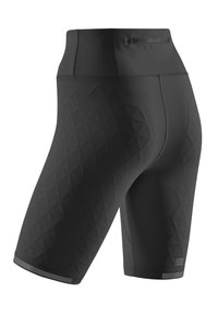 Pantalones cortos de ciclismo negros de tiro alto con acolchado en forma de diamante en las caderas y los muslos, bolsillo con cremallera en la cintura y detalles reflectantes.