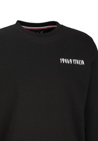 Schwarzer Sweatshirt aus Baumwolle mit rundem Ausschnitt, auf der Vorderseite mit "19V69 ITALIA" in Weiß gestickt und einem gestreiften Innenkragen.