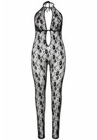 Černý krajkový overal s halter krkem, s výřezem ve tvaru klíče a květinovými vzory po celém povrchu. Elastický, přiléhavý materiál.