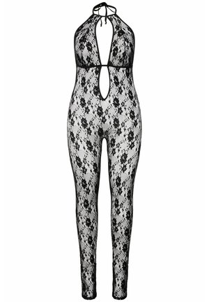 Black lace jumpsuit with a halter neck design, featuring a keyhole cutout and floral patterns throughout. Stretchy, form-fitting material.