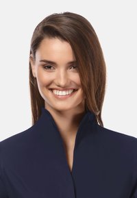 Marineblaues hochgeschlossenes Jackett mit elegantem Design, aus glattem Stoff gefertigt. Der Kragen ist strukturiert und schafft einen modernen Look.