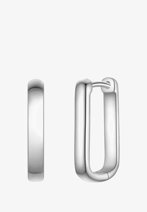 Srebrni hoop uhani z gladko, polirano površino. Imajo pravokotno obliko in varen sponko za zapiranje.