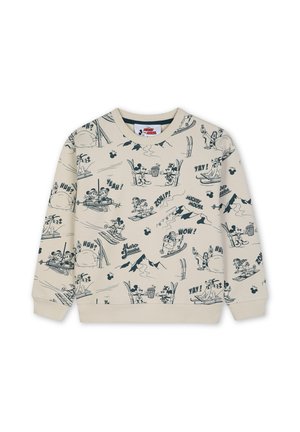 Beige sweatshirt met zwarte lijntkeningen van Mickey Mouse die aan het skiën en snowboarden is en berglandschappen met woorden zoals "Yay!" en "Wow!"
