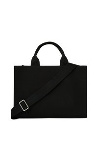 Sac fourre-tout noir en tissu, avec des poignées courtes et une bandoulière longue et réglable. Design épuré sans boutons ni motifs visibles.