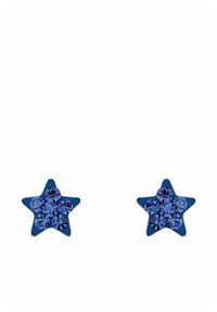 Un paio di orecchini a forma di stella blu con diverse gemme blu rotonde incastonate in ciascuna stella.