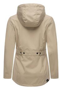 Beige waterproof jacket with a hood, cinched waist, and black button accents. Smooth texture and streamlined design. Back view shown.