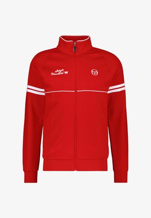 Rote Zip-Jacke aus glänzendem Stoff, mit weißen Streifen und Logo auf der Brust. Stehkragen und elastische Bündchen.