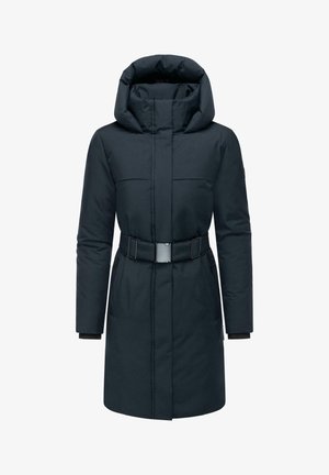 Dark blue insulated parka featuring a belted waist, a large hood, and two side pockets. Smooth fabric with a matte finish.
