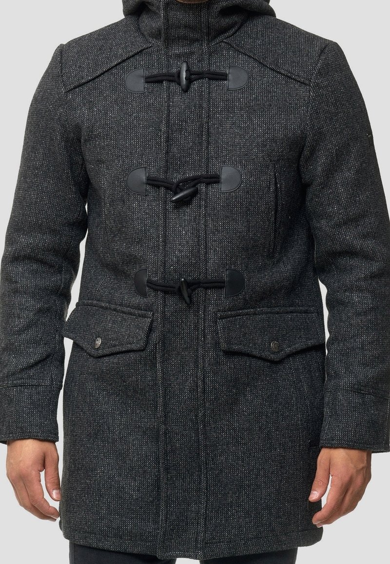 Grå uldblandingsfrakke med hætte, der har togglesløjfer, to forlommer og tekstureret stof. Den har en mellemlang skæring og en skræddersyet pasform.