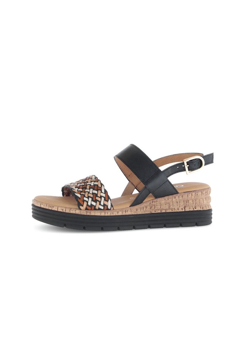 Zwarte leren wedge sandalen met geweven multicolor band. Korken platform en rubberen zool bieden grip. Verstelbare enkelband voor een goede pasvorm.