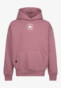 Rózsaszín kapucnis pulóver elülső zsebbel, bordázott mandzsettákkal és szegéllyel. Fehér, kör alakú "Converse All Star" logóval díszített.