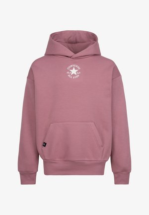 Roze hoodie met een zak aan de voorkant, geribde manchetten en zoom. Voorzien van een witte "Converse All Star"-logo in een cirkelvormig ontwerp.