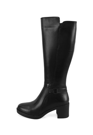 Black leather knee-high boot with a block heel, sleek design, rounded toe, and a strap with hardware detail around the ankle.