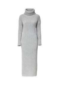 Graues Rippenstrick-Kleid mit Rollkragen, langen Ärmeln und seitlichen Schlitzen. Figurbetontes Design, weiche Textur und knöchellange Silhouette.