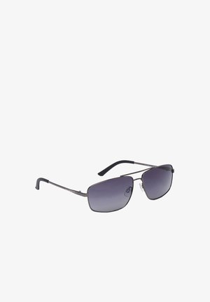 Rechteckige schwarze Sonnenbrille mit Metallgestell, dunklen Verlaufsgläsern und schwarzen, gebogenen Ohrbügeln.