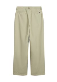 Pantaloni beige a gamba larga realizzati in tessuto morbido, con vita piatta, due tasche posteriori e una vestibilità rilassata.