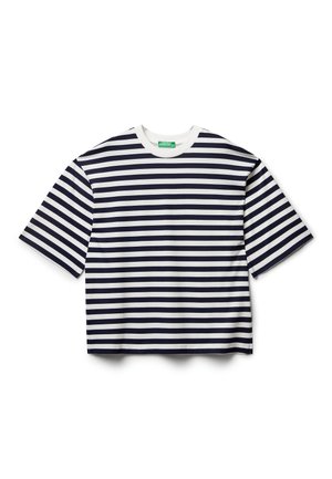 Navy and white striped short-sleeve t-shirt with a round neckline. Made from soft, breathable fabric; relaxed fit and straight hem.