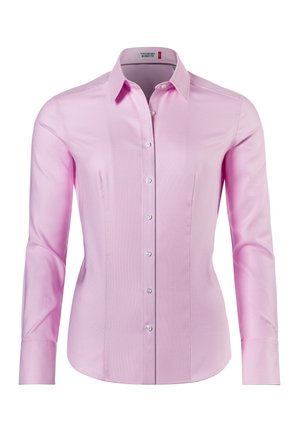 Camicia a maniche lunghe rosa realizzata in tessuto morbido, con colletto e chiusura a bottoni frontale. Leggera trama con vestibilità su misura.