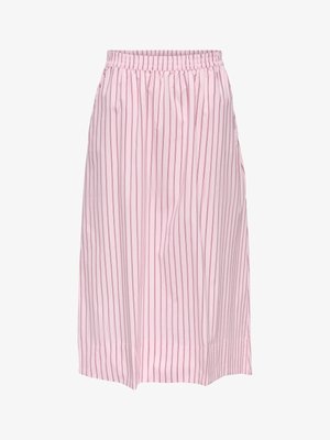 Vaaleanpunainen midihame, jossa ohuet pystysuorat punaiset raidat, joustava vyötärönauha ja löysä istuvuus.