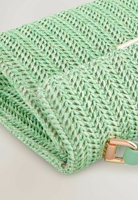 Sac vert tissé en matériau texturé ; doté d'une fermeture à bouton dorée et d'un accent vert menthe. Design épuré avec un motif entrelacé.
