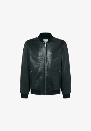 Black leather bomber jacket with a zip closure, ribbed cuffs and hem, and two side zip pockets. Smooth texture with a classic fit.