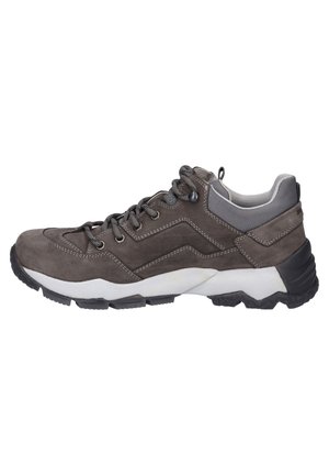 Men's grey hiking shoes made of suede material, featuring a textured rubber sole, lace-up closure, and contrasting white midsole.