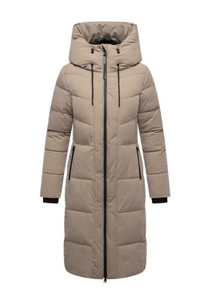 Beige pufferjack met een capuchon, voorzien van een ritssluiting aan de voorkant, twee zijzakken en elastische manchetten. Gequiltd ontwerp met zwarte accenten.