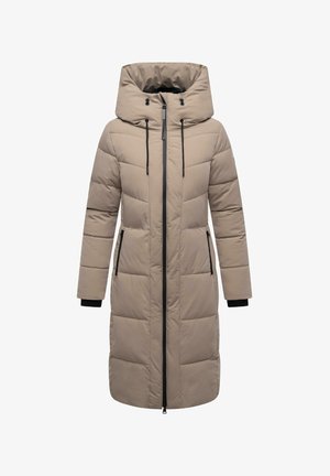 Beige Puffermantel mit Kapuze, ausgestattet mit einem Frontreißverschluss, zwei seitlichen Taschen und elastischen Bündchen. Gestepptes Design mit schwarzen Akzenten.