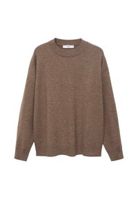 Maglione marrone lavorato a maglia con scollatura rotonda e maniche lunghe. Presenta una vestibilità comoda e polsini e orlo a coste per un tocco di texture in più.