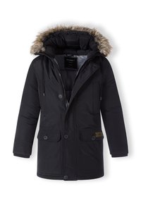 Must värviga parka jope, millel on kunstkarusnahaga vooderdatud kapuuts, esipooled nupud, kaks küljetaskut ja logoäppli hemmi lähedal. Vooder on kontuuriga.