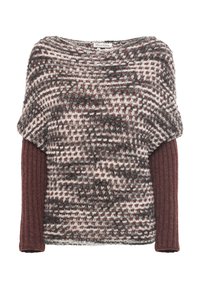 Pullover a maglia con motivo marrone, grigio e bianco, con sovrapposizione corta a maniche lâxe e maniche lunghe a costine attillate.
