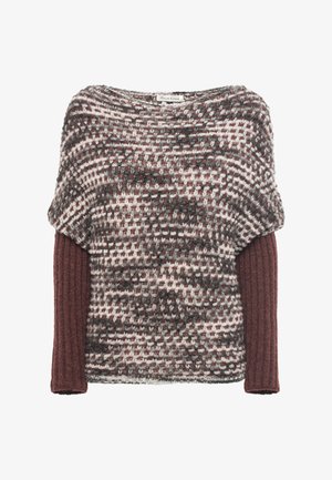 Pullover a maglia con motivo marrone, grigio e bianco, con sovrapposizione corta a maniche lâxe e maniche lunghe a costine attillate.