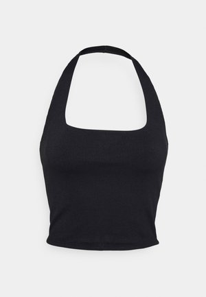 Black ribbed crop top with a square neckline and wide straps. Made from a stretchy material, features a fitted design and smooth texture.
