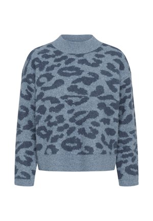 Maglione a stampa leopardo blu con scollo rotondo, maniche lunghe e vestibilità morbida. Realizzato in un tessuto knit morbido e testurizzato.