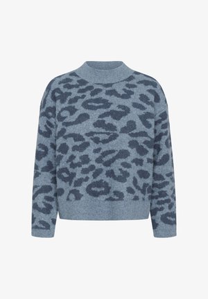 Sinine leopardimustriga sviiter, millel on ümar kaelus, pikad varrukad ja lõdva lõikega. Valmistatud pehmest, tekstureeritud kudumist.