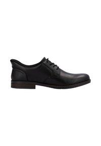 Soulier en cuir noir avec un bout arrondi, un design à lacets et un accent texturé au talon, doté d'une semelle empilée basse pour la stabilité.