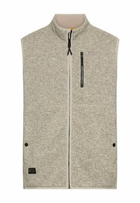 Beige Fleece-Weste mit hohem Kragen, Frontreißverschluss und zwei unteren Taschen. Verfügt über eine Brusttasche mit schwarzem Reißverschluss und Logodetails.